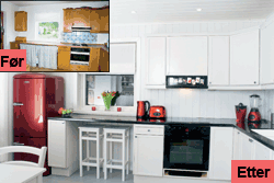 Matchende kjøleskap og kjøkkenmaskiner blir glade fareklater i et lyst kjøkken.