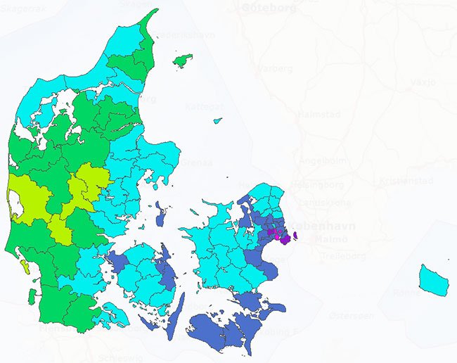 GEUS' kort over hårdheden i vandet i Danmark.