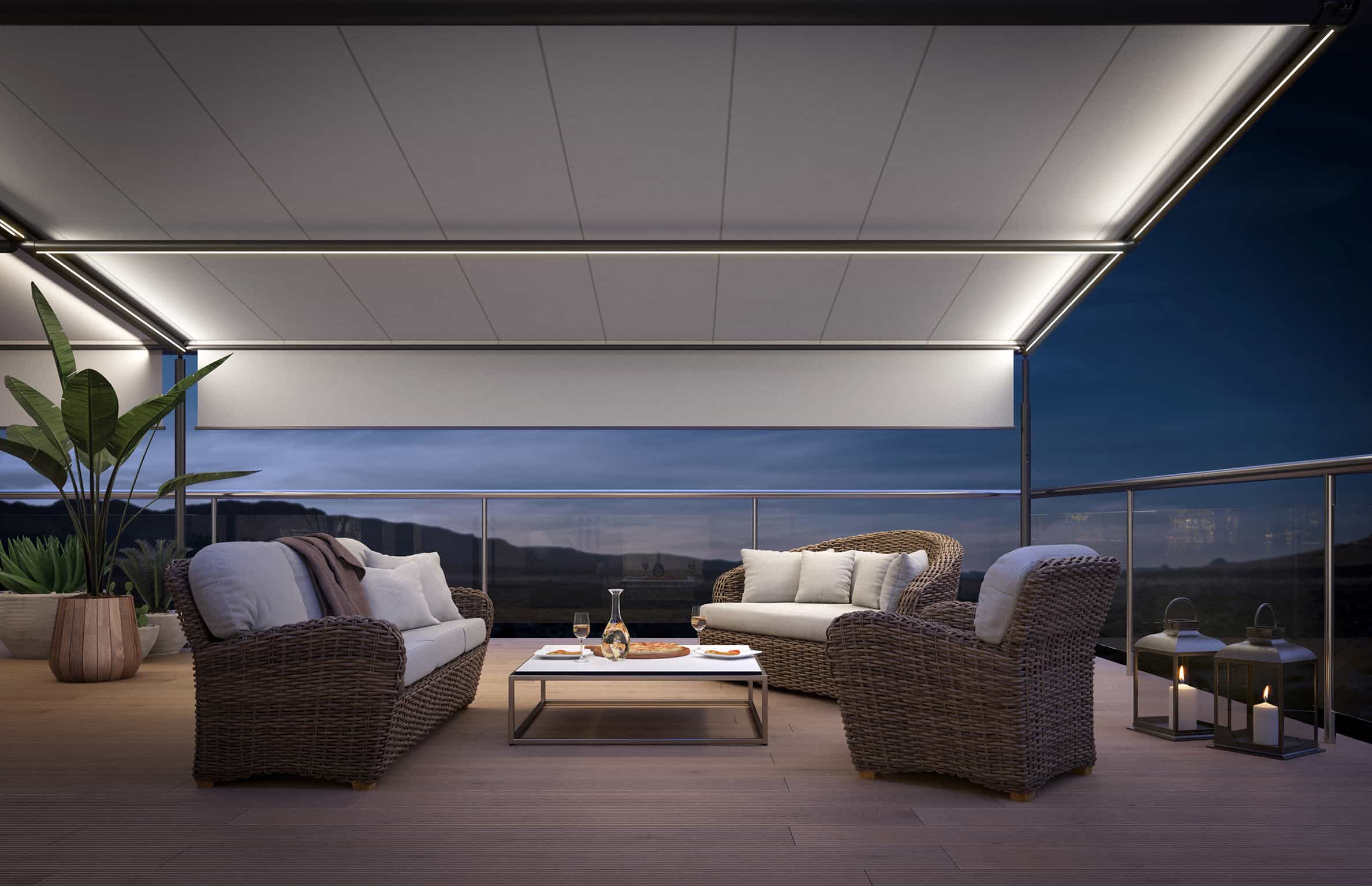 ”Pergola” fra Markilux er et fleksibelt markisesystem til små og store arealer. Med vertikale sidemarkiser kan den forvandles til et hyggeligt udendørs rum.