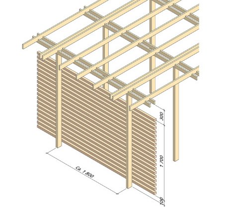 Leskjerm med liggende spilekledning kombinert med pergola.