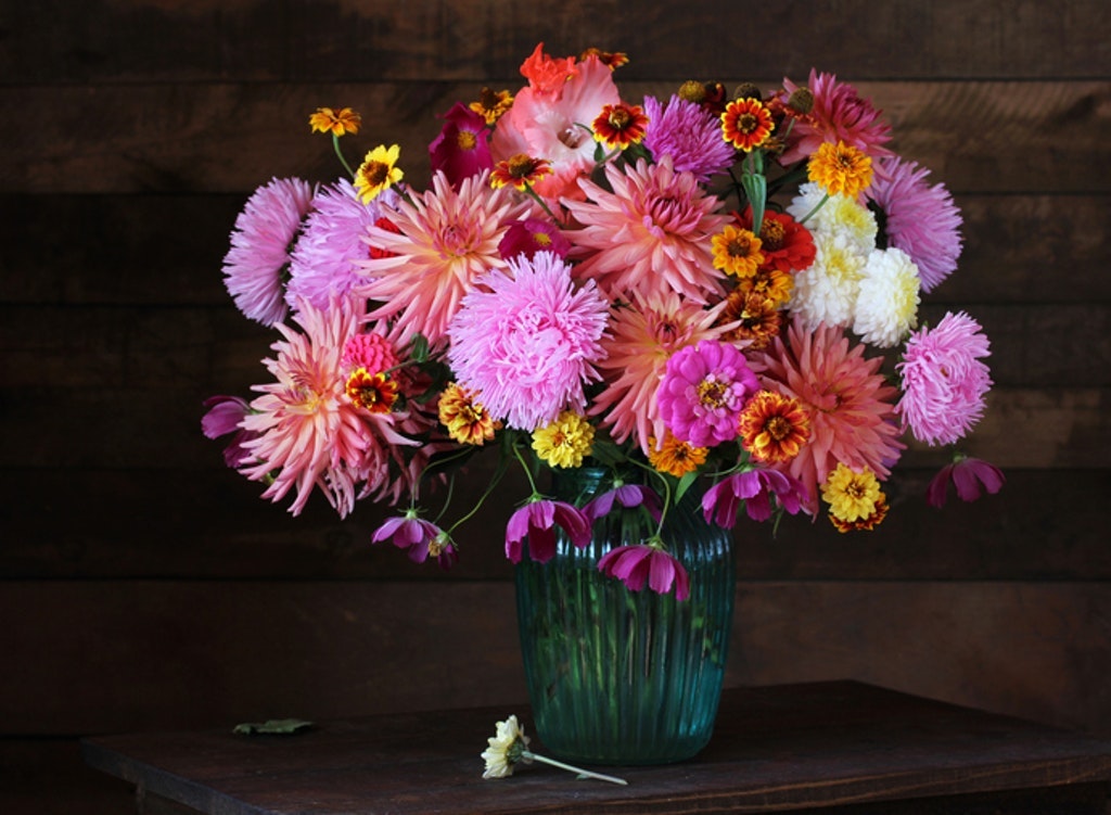 Bouquet Of Autumn Garden Flowers On The Table.