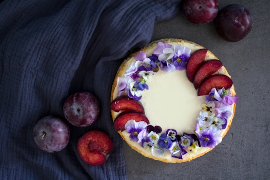 Spiselige blomster stedmoder på en lys og lækker cheesecake med blommer.